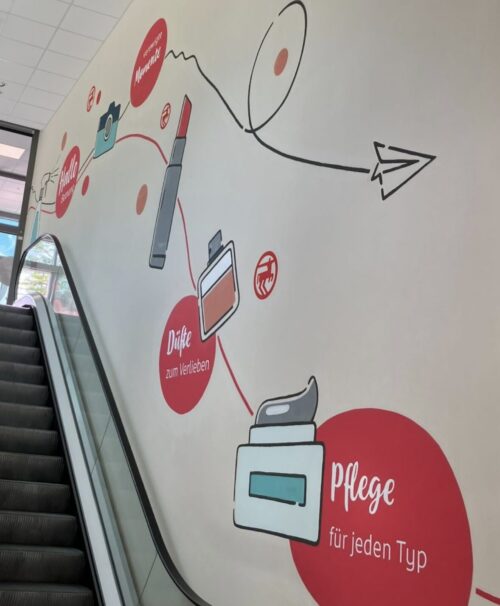 Illustrierte Wandgestaltung für Rossmann entlang einer Rolltreppe